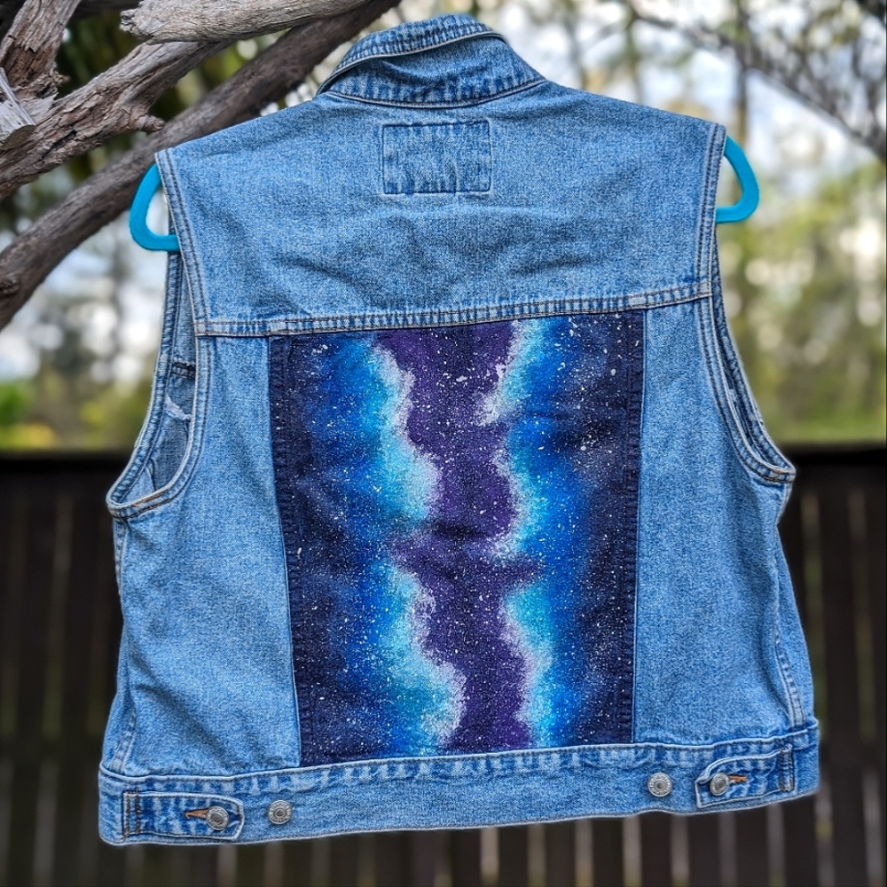 Women’s Medium Levi's Blue Denim Vest with Painted Galaxy Back Panel
